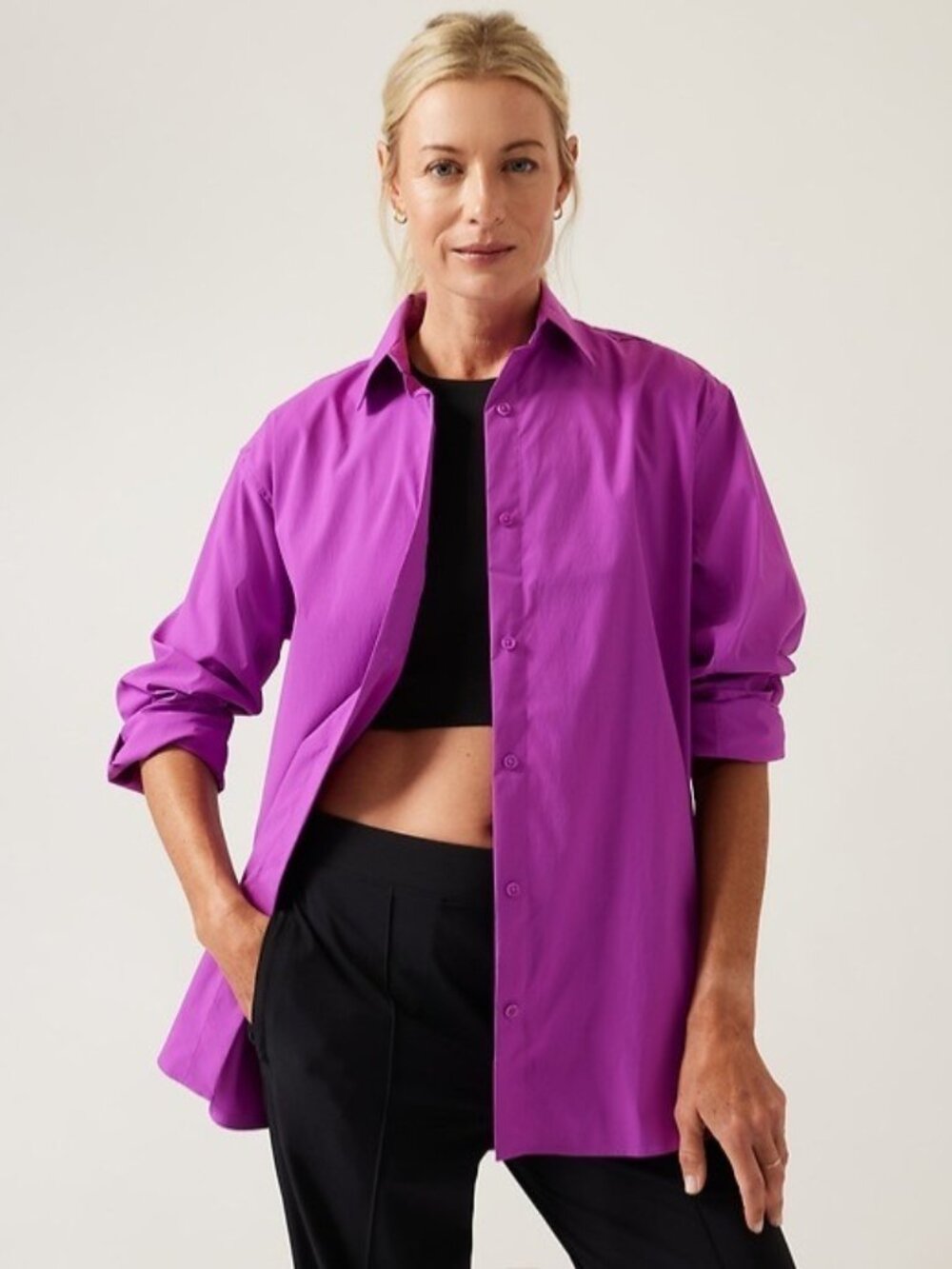 Athleta Oversized Poplin Shirt Purple Button Front Relaxed Size Small Women's